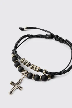 boohooMAN 2 Pack Adjustable Cross Pendant Bracelets In | UK| Jewellery & Watches