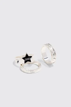 boohooMAN 3 Pack BHM Star Rings In | UK| Jewellery & Watches