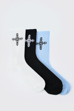 boohooMAN 3 Pack Cross Graphic Ribbed Socks | UK| Underwear & Socks|Underwear & Socks
