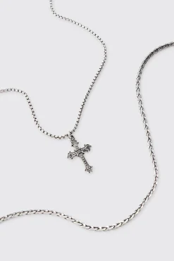 boohooMAN 2 Pack Cross Pendant Necklace In | UK| Jewellery & Watches
