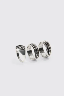 boohooMAN 3 Pack Embossed Rings In | UK| Jewellery & Watches