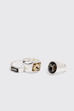 boohooMAN 3 Pack Gem Stone Signet Rings In | UK| Jewellery & Watches