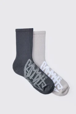 boohooMAN 2 Pack Graffiti Ribbed Socks | UK| Underwear & Socks|Underwear & Socks