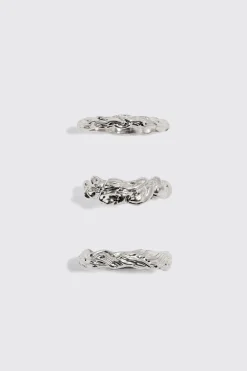 boohooMAN 3 Pack Melted Effect Rings In | UK| Jewellery & Watches