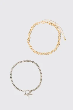 boohooMAN 2 Pack Mixed Metal Pearl Pendant Bracelets | UK| Jewellery & Watches