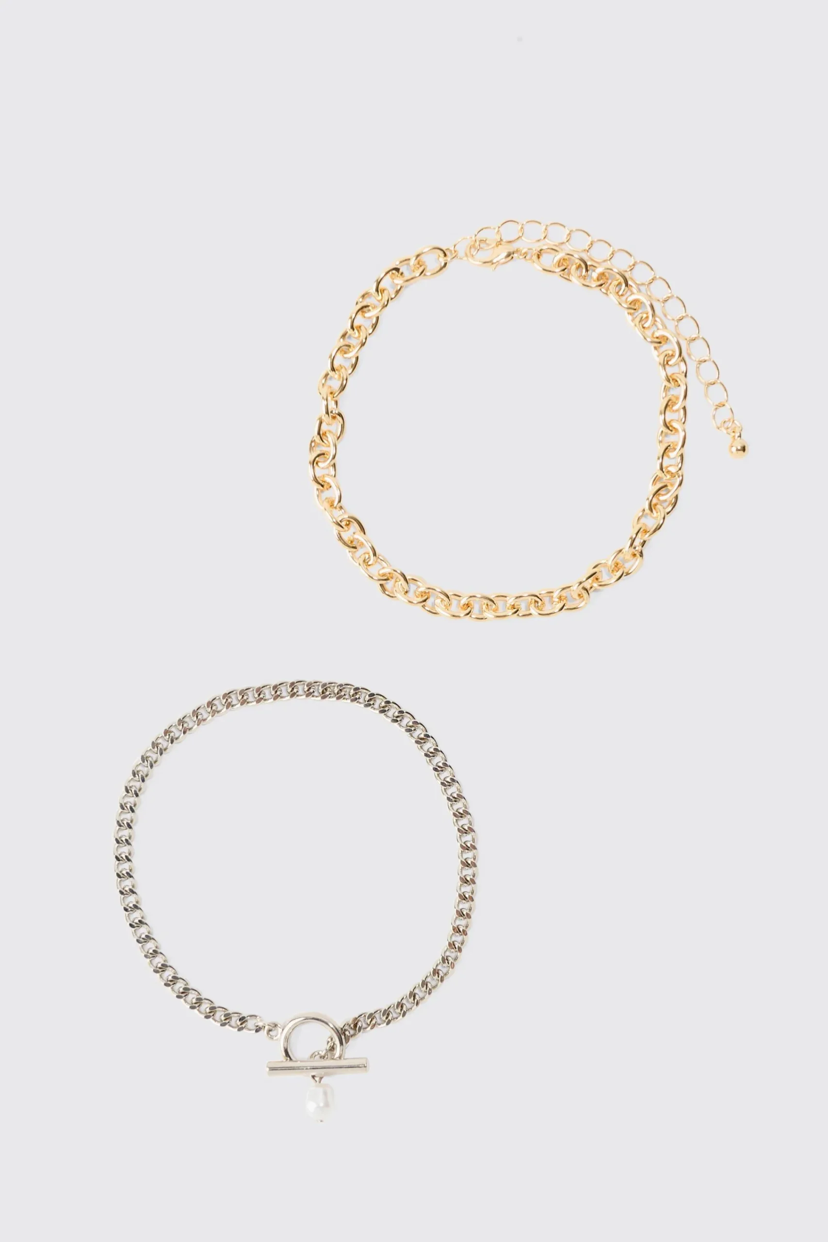 boohooMAN 2 Pack Mixed Metal Pearl Pendant Bracelets | UK| Jewellery & Watches