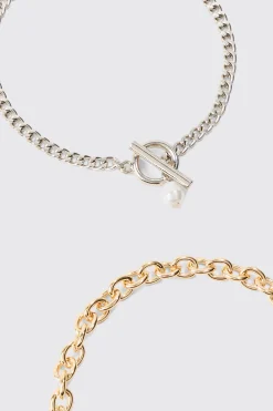 boohooMAN 2 Pack Mixed Metal Pearl Pendant Bracelets | UK| Jewellery & Watches
