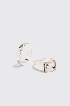 boohooMAN 2 Pack Mixed Stone Signet Rings In | UK| Jewellery & Watches