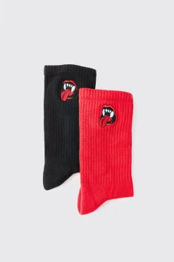 boohooMAN 2 Pack Mouth & Fangs Embroidered Socks | UK| Underwear & Socks|Underwear & Socks