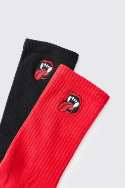 boohooMAN 2 Pack Mouth & Fangs Embroidered Socks | UK| Underwear & Socks|Underwear & Socks