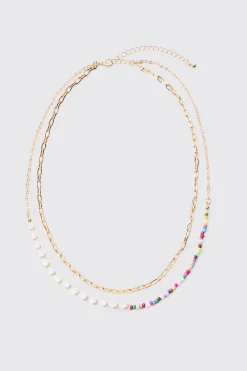 boohooMAN 2 Pack Multi Beaded Pearl Necklaces In | UK| Jewellery & Watches