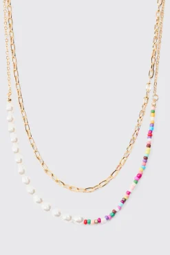 boohooMAN 2 Pack Multi Beaded Pearl Necklaces In | UK| Jewellery & Watches
