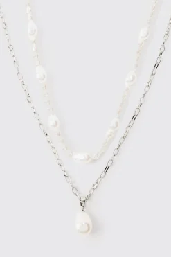 boohooMAN 2 Pack Pearl Pendant Necklace In | UK| Jewellery & Watches
