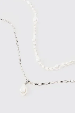 boohooMAN 2 Pack Pearl Pendant Necklace In | UK| Jewellery & Watches