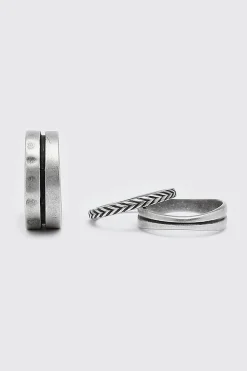boohooMAN 3 Pack Silver Ring Set With Stripe Detail | UK| Jewellery & Watches
