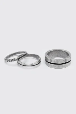 boohooMAN 3 Pack Silver Ring Set With Stripe Detail | UK| Jewellery & Watches