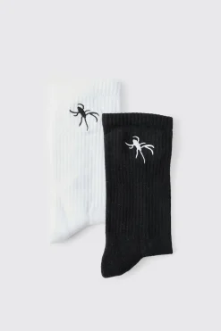 boohooMAN 2 Pack Spider Embroidered Socks | UK| Underwear & Socks|Underwear & Socks