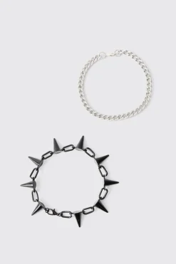 boohooMAN 2 Pack Spike Chain Bracelets | UK| Jewellery & Watches