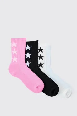 boohooMAN 3 Pack Star Graphic Ribbed Socks | UK| Underwear & Socks|Underwear & Socks