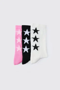 boohooMAN 3 Pack Star Graphic Ribbed Socks | UK| Underwear & Socks|Underwear & Socks