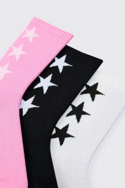 boohooMAN 3 Pack Star Graphic Ribbed Socks | UK| Underwear & Socks|Underwear & Socks