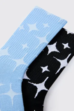 boohooMAN 2 Pack Star Graphic Ribbed Socks | UK| Underwear & Socks|Underwear & Socks