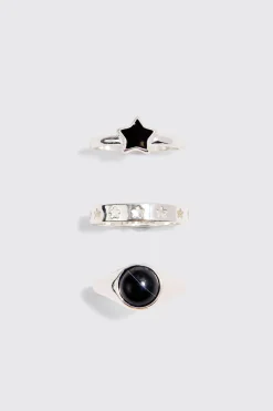 boohooMAN 3 Pack Star Graphic Rings In | UK| Jewellery & Watches