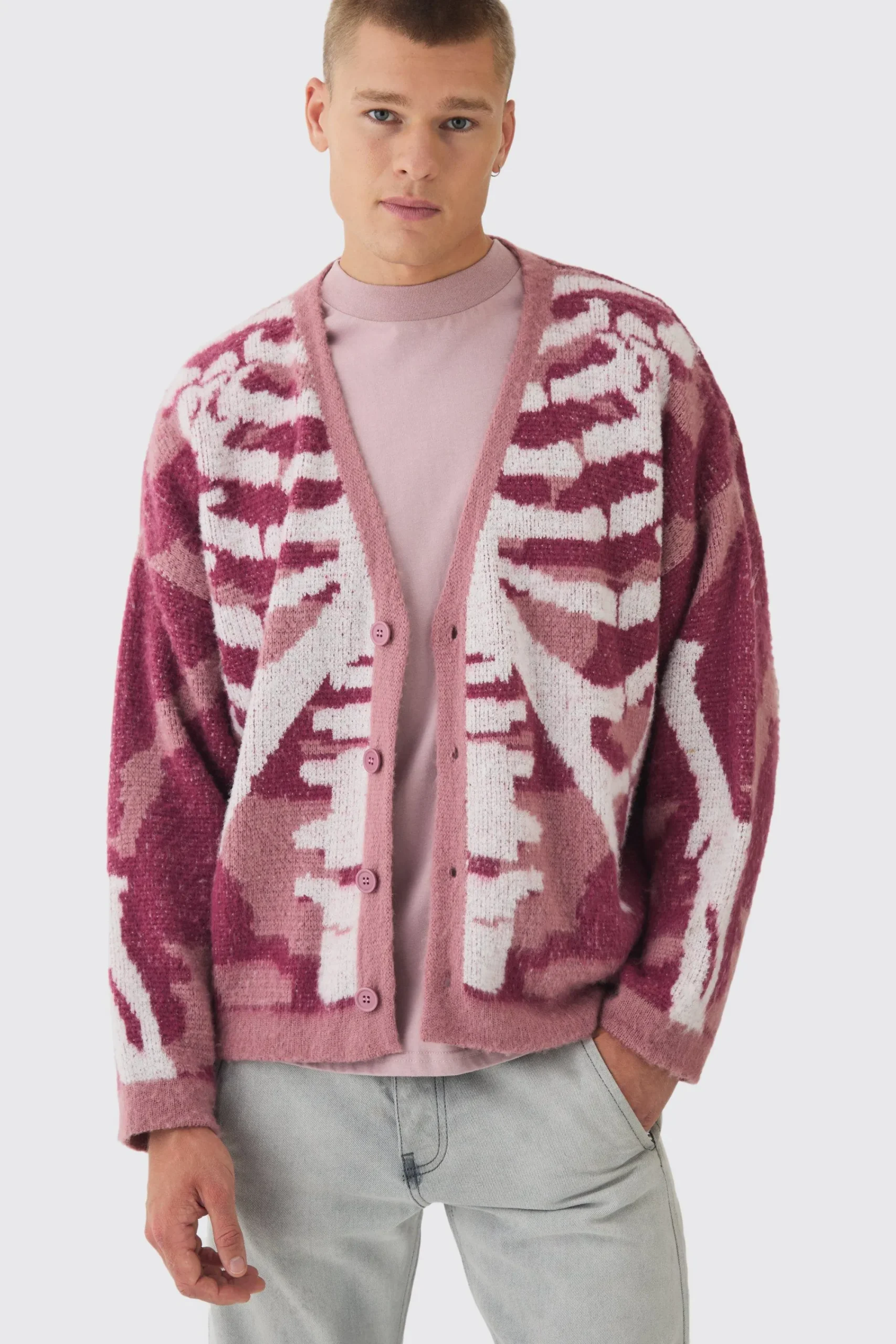boohooMAN Abstract Camo Brushed Cardigan In | UK| Knitwear