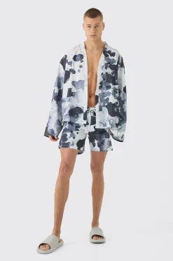 boohooMAN Abstract Print Kimono Shirt & Swim Short Set | UK| Sets & Co-Ords