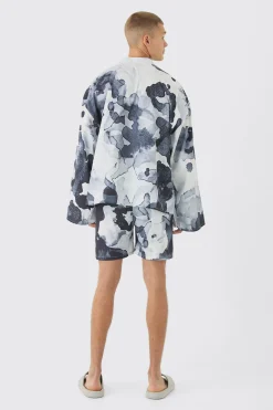 boohooMAN Abstract Print Kimono Shirt & Swim Short Set | UK| Sets & Co-Ords