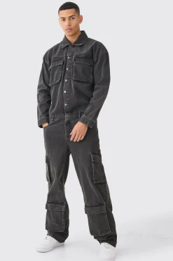 boohooMAN Acid Wash Oversized Cargo Pocket Denim Boilersuit In | UK| Jeans