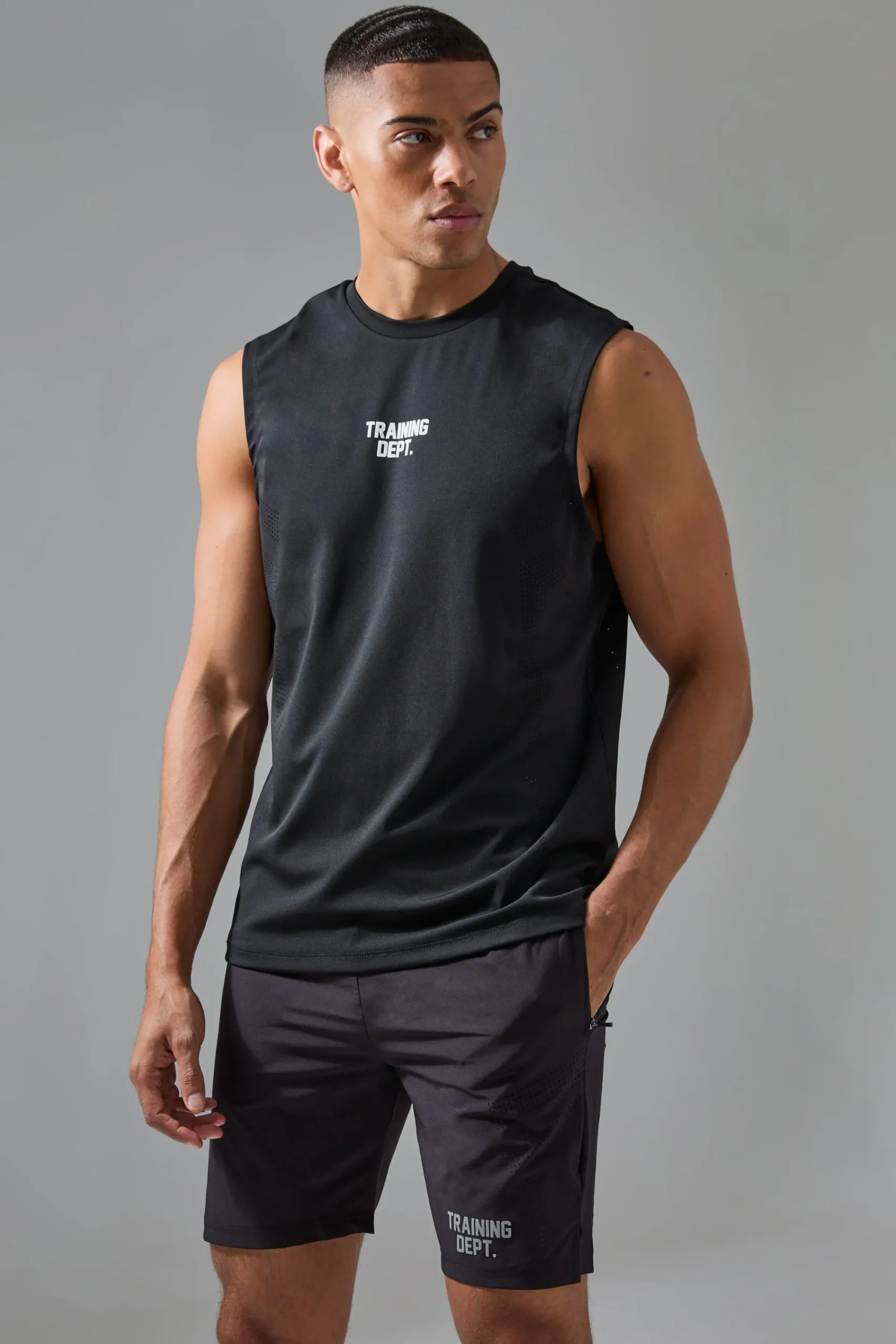 boohooMAN Active Training Dept Perforated Tank & Short Set | UK| Tracksuits