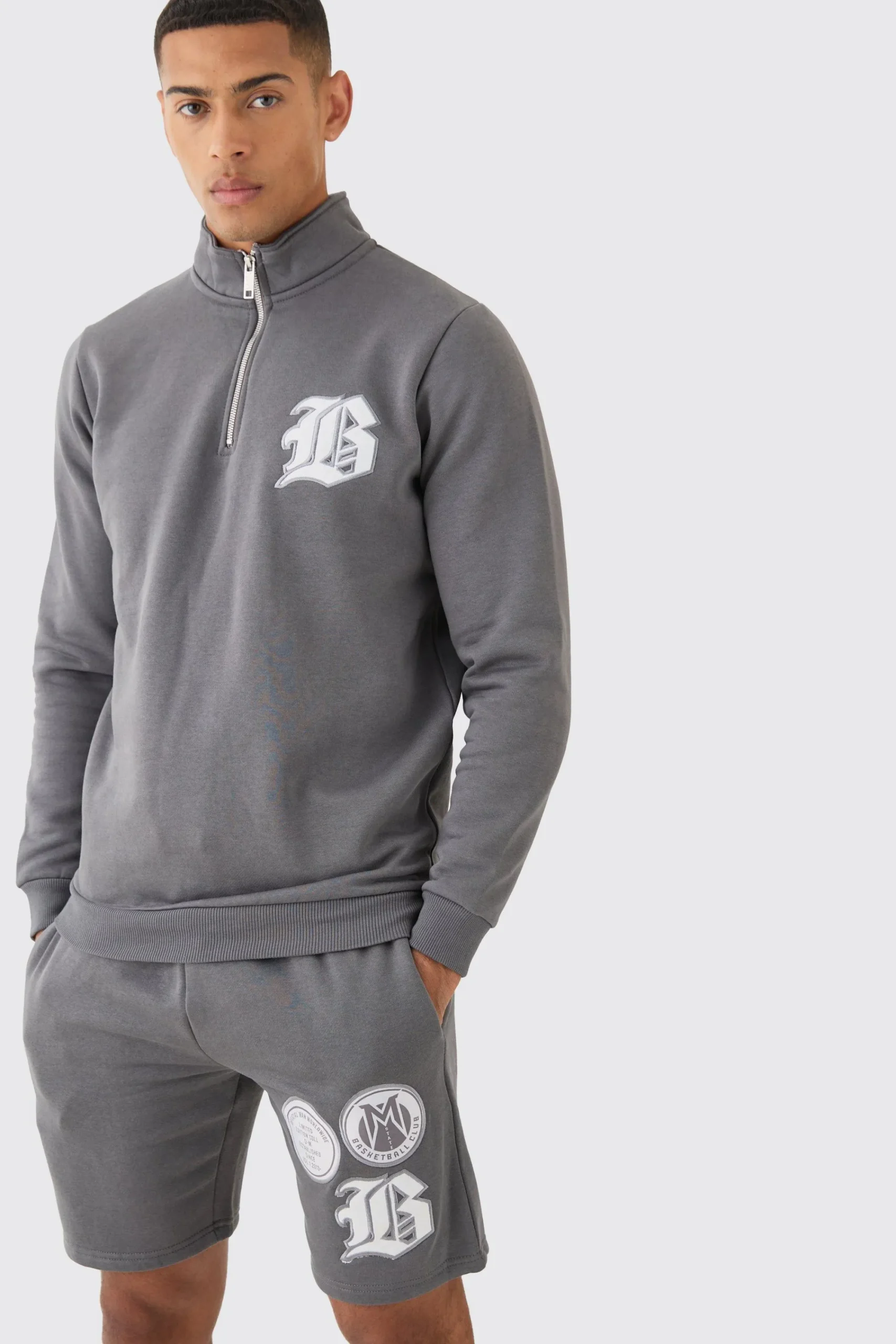 boohooMAN B Applique Funnel Neck Short Tracksuit | UK| Tracksuits