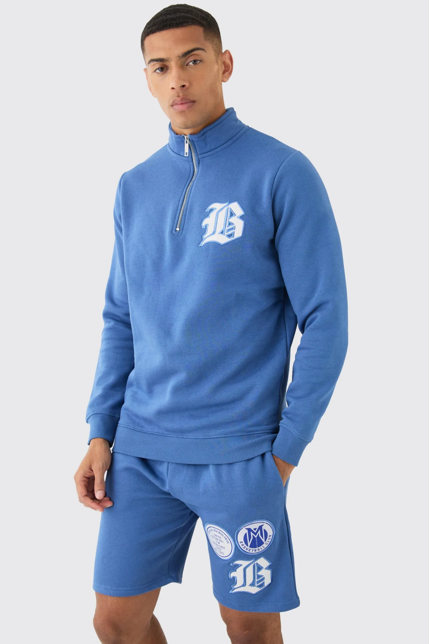 boohooMAN B Applique Funnel Neck Short Tracksuit | UK| Tracksuits