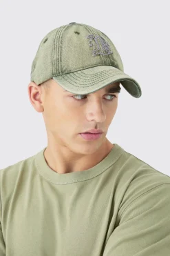 boohooMAN B Embroidered Washed Denim Cap In | UK| Hats & Caps