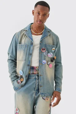 boohooMAN Badge Detail Revere Collar Denim Overshirt | UK| Shirts|Jeans