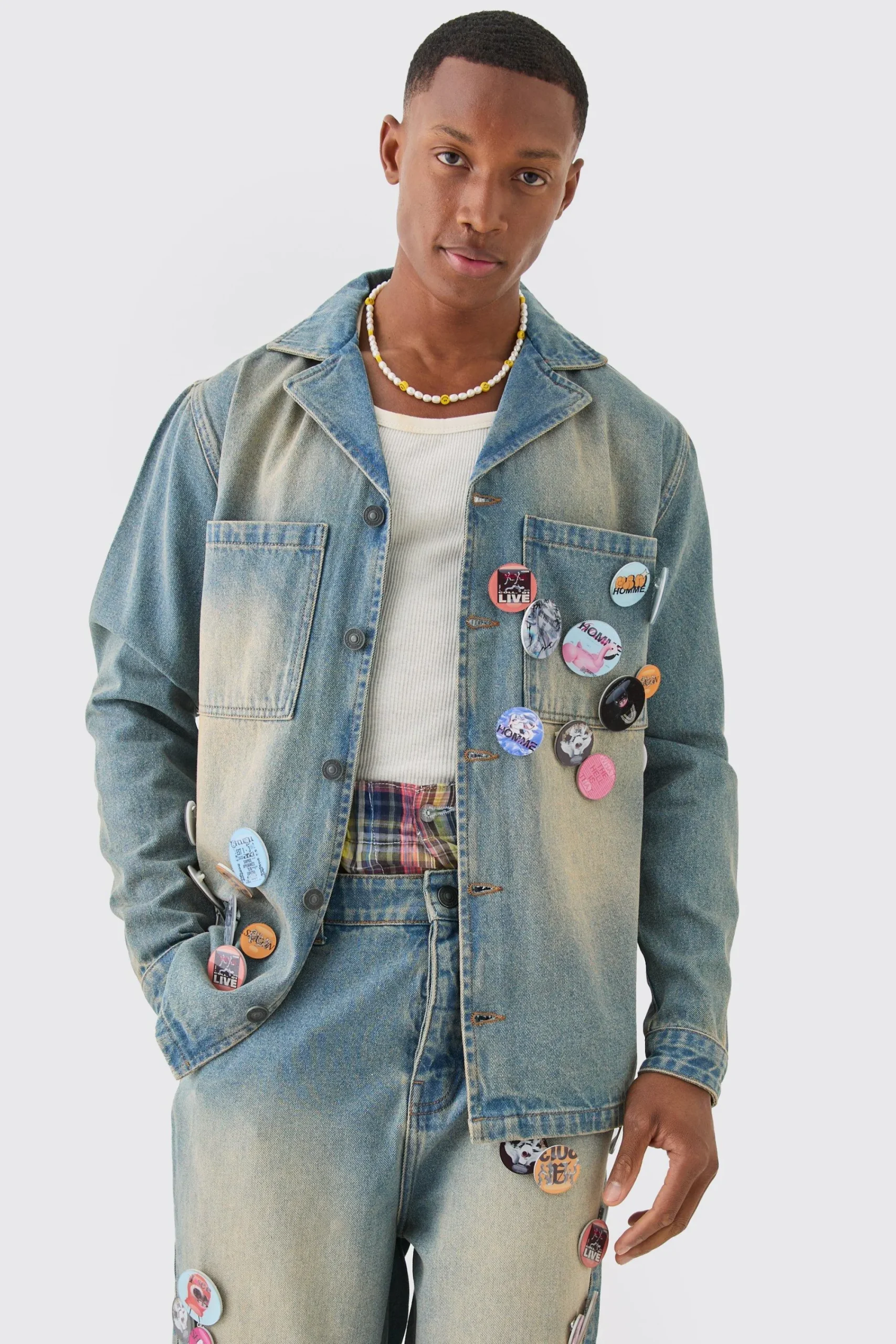 boohooMAN Badge Detail Revere Collar Denim Overshirt | UK| Shirts|Jeans
