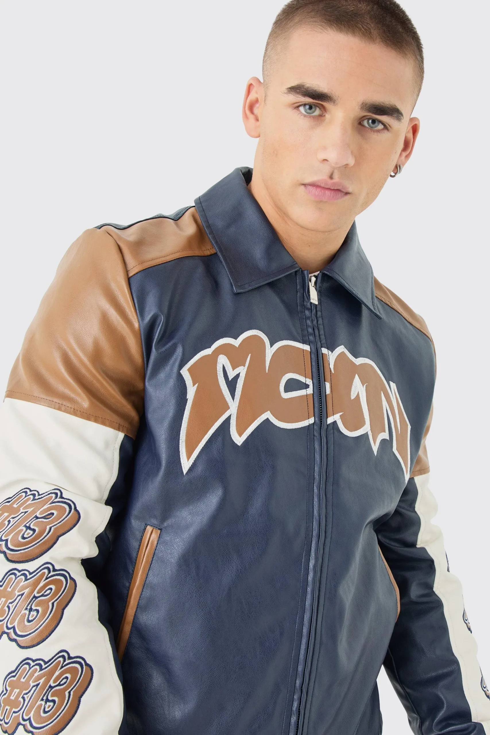 boohooMAN Badge Detail Colour Block Pu Varsity Jacket In | UK| Coats & Jackets