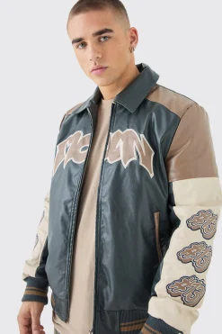 boohooMAN Badge Detail Colour Block Pu Varsity Jacket In | UK| Coats & Jackets