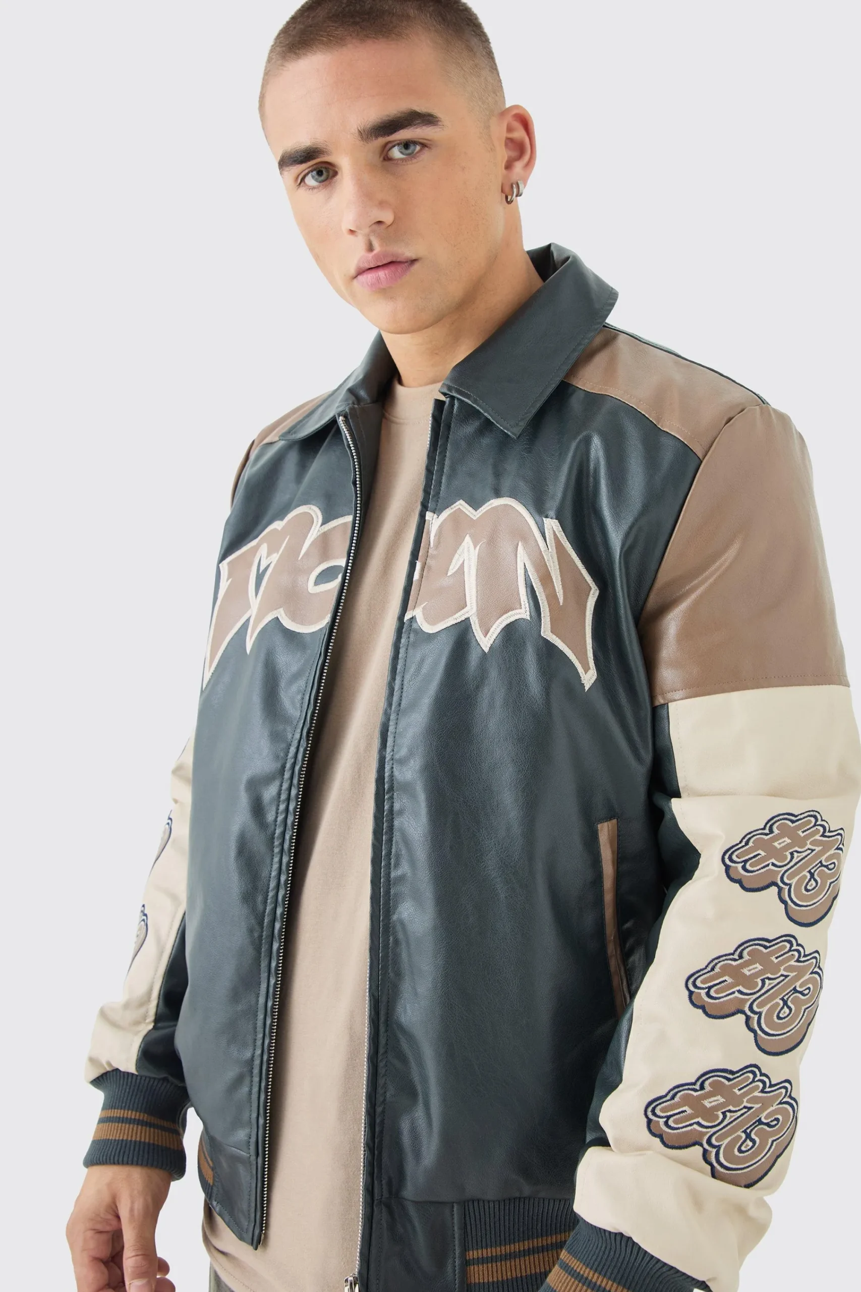 boohooMAN Badge Detail Colour Block Pu Varsity Jacket In | UK| Coats & Jackets
