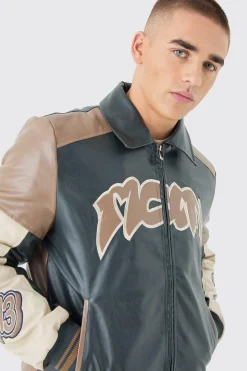 boohooMAN Badge Detail Colour Block Pu Varsity Jacket In | UK| Coats & Jackets