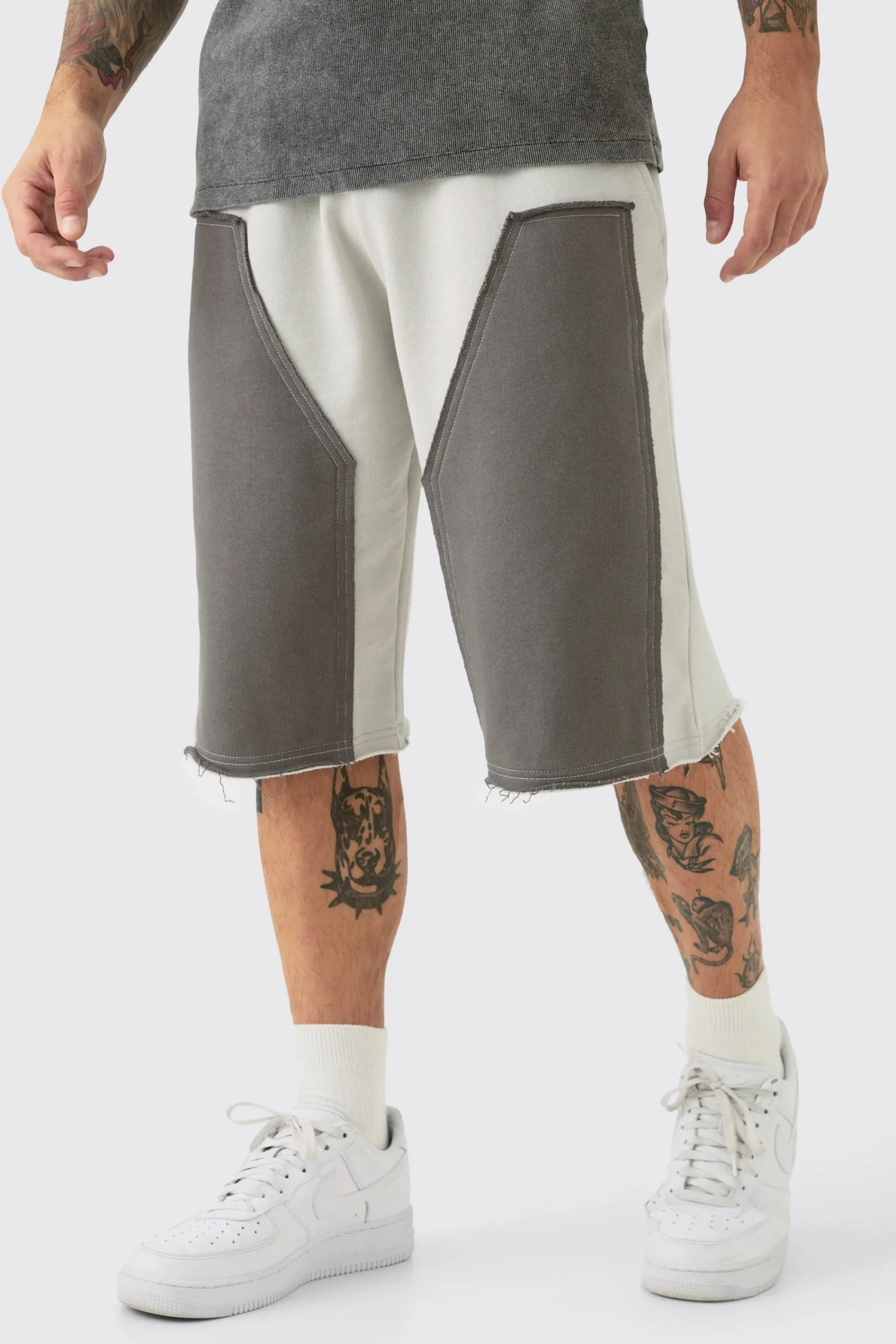 boohooMAN Baggy Carpenter Panel Frayed Edge Applique Jorts | UK| Shorts