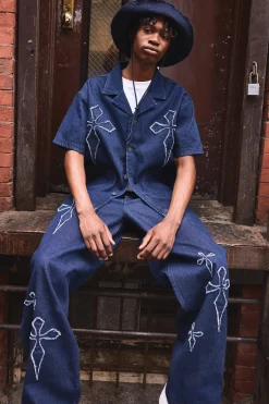 boohooMAN Baggy Fit Raw Edge Denim Cross Applique Jeans | UK| Trousers|Jeans