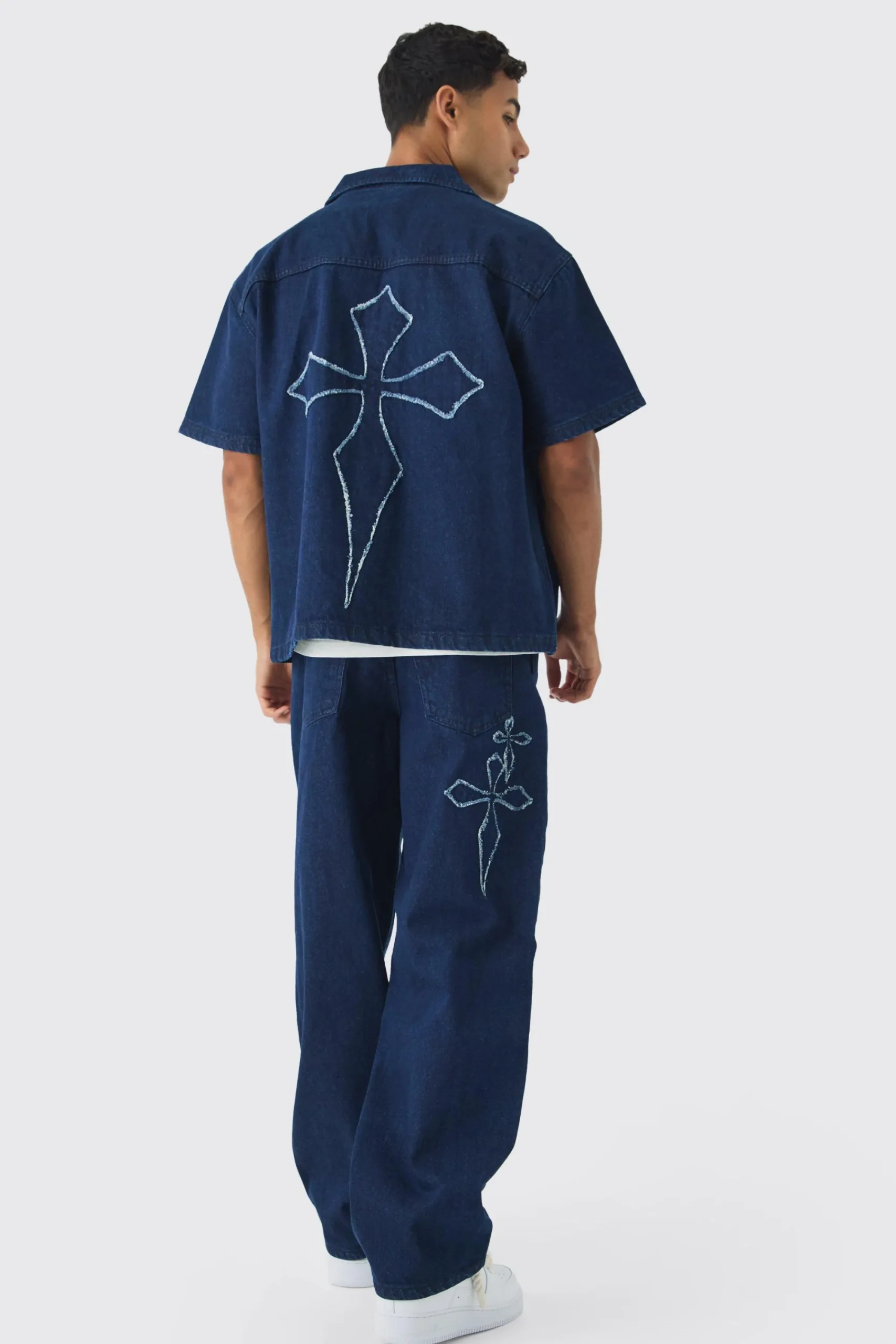 boohooMAN Baggy Fit Raw Edge Denim Cross Applique Jeans | UK| Trousers|Jeans