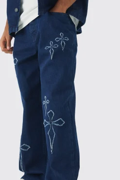 boohooMAN Baggy Fit Raw Edge Denim Cross Applique Jeans | UK| Trousers|Jeans
