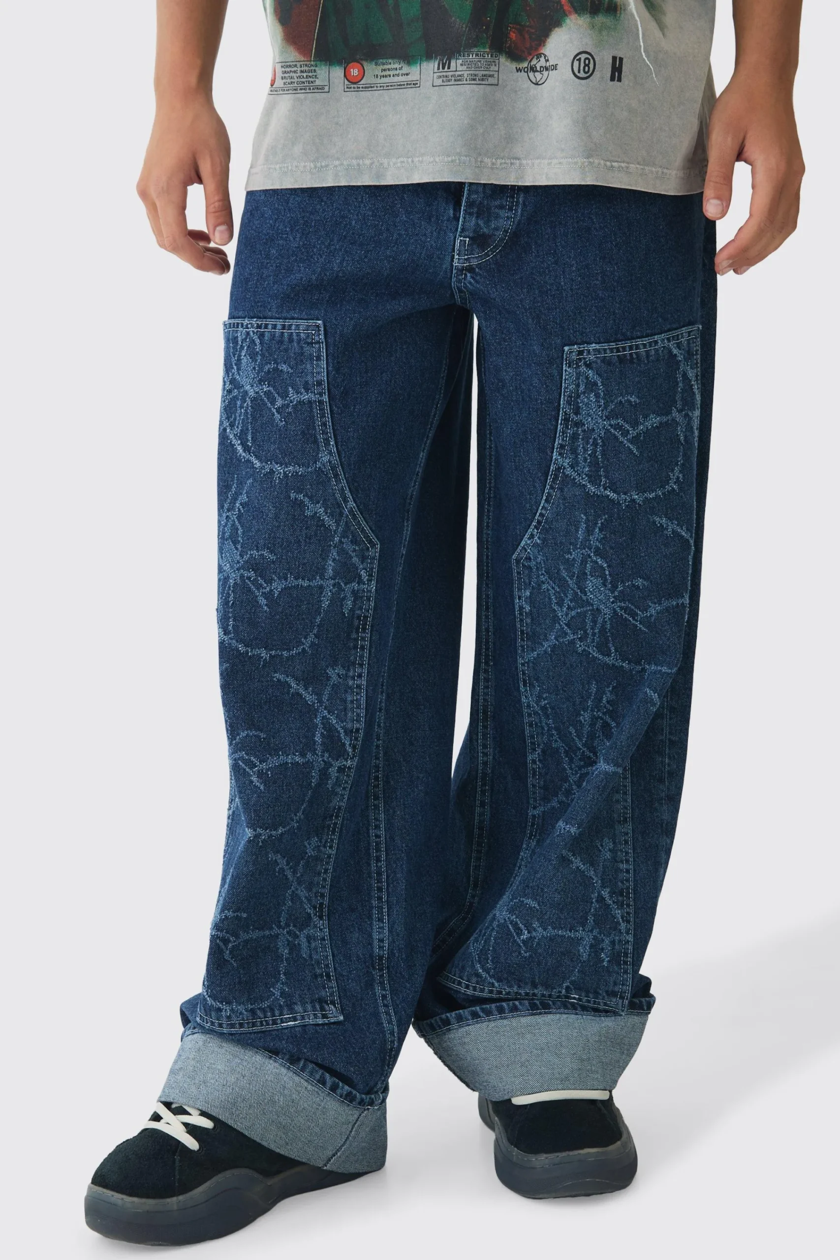 boohooMAN Baggy Fit Rigid Barbed Wire Laser Print Carpenter Jeans | UK| Jeans