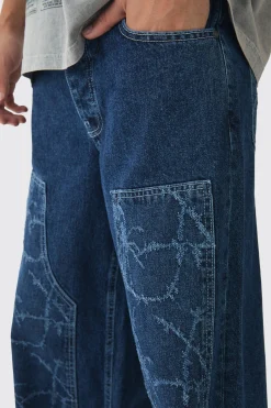 boohooMAN Baggy Fit Rigid Barbed Wire Laser Print Carpenter Jeans | UK| Jeans