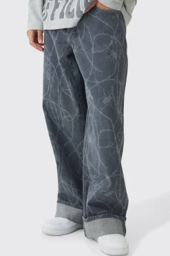 boohooMAN Baggy Fit Rigid Barbed Wire Laser Print Jeans | UK| Sets & Co-Ords|Jeans