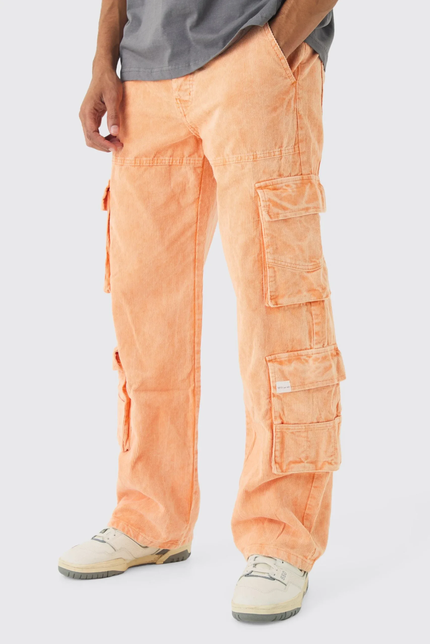 boohooMAN Baggy Multi Pocket Acid Wash Cord Trouser In | UK| Trousers