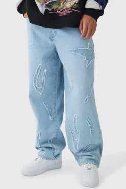 boohooMAN Baggy Rigid All Over Raw Edge Applique Jeans | UK| Trousers|Jeans